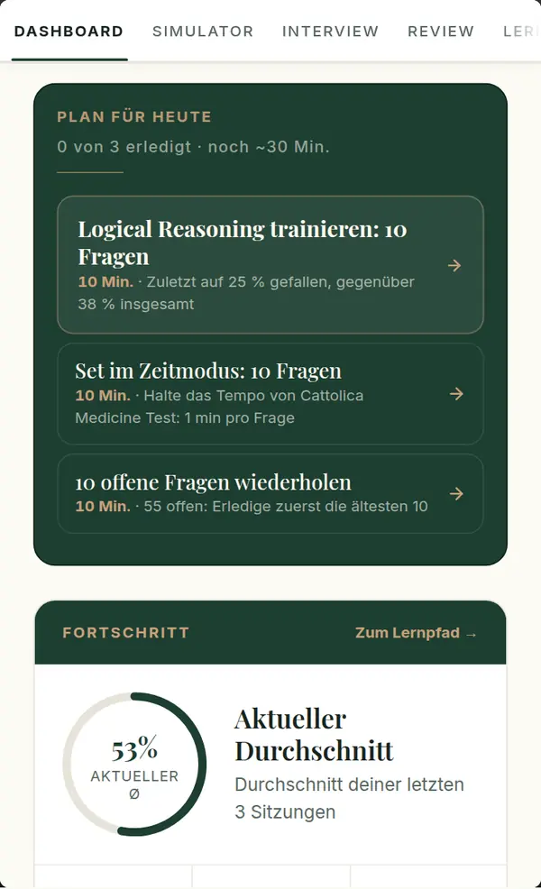 Der Plan für heute im Dashboard: gezieltes Üben, ein Set im Zeitmodus und eine Wiederholung, jeweils mit Minuten und dem Grund, warum es gewählt wurde.