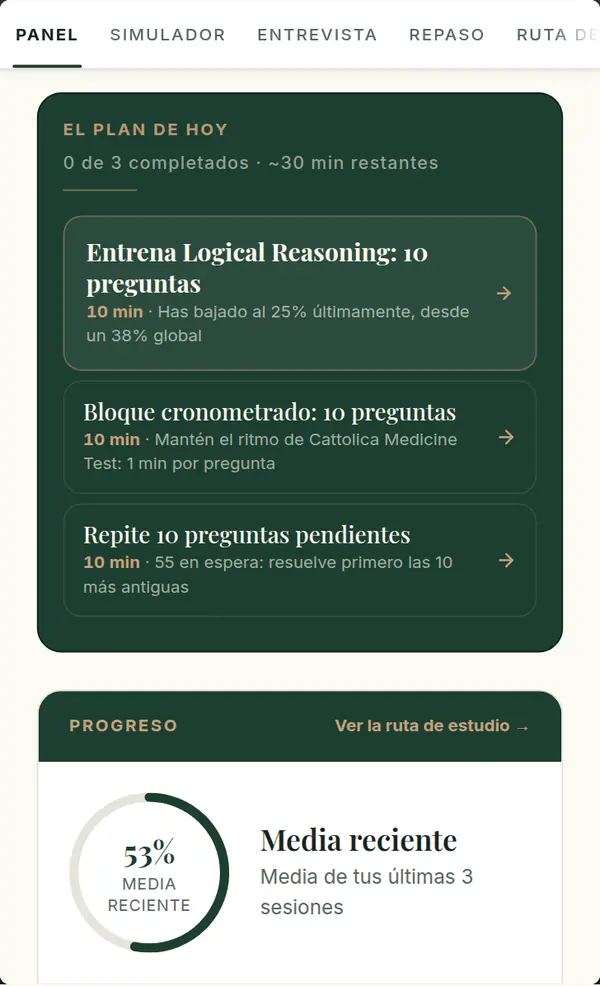 El plan de hoy en el panel: una práctica dirigida, una serie cronometrada y un nuevo intento, cada uno con sus minutos y el motivo por el que se eligió.