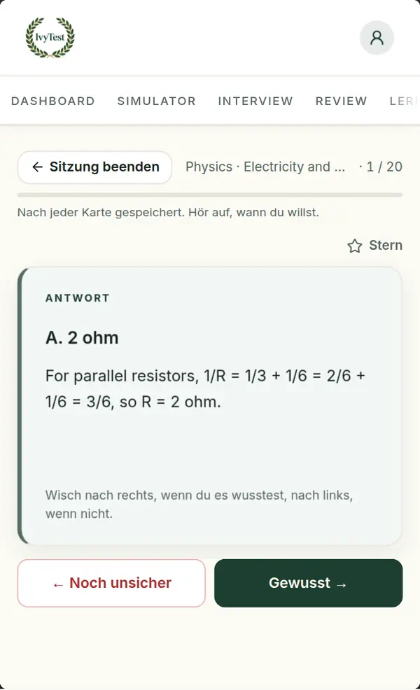 Eine Karteikarte aus einer falsch beantworteten Frage, umgedreht zur Antwort, mit den Knöpfen Noch unsicher und Gewusst.