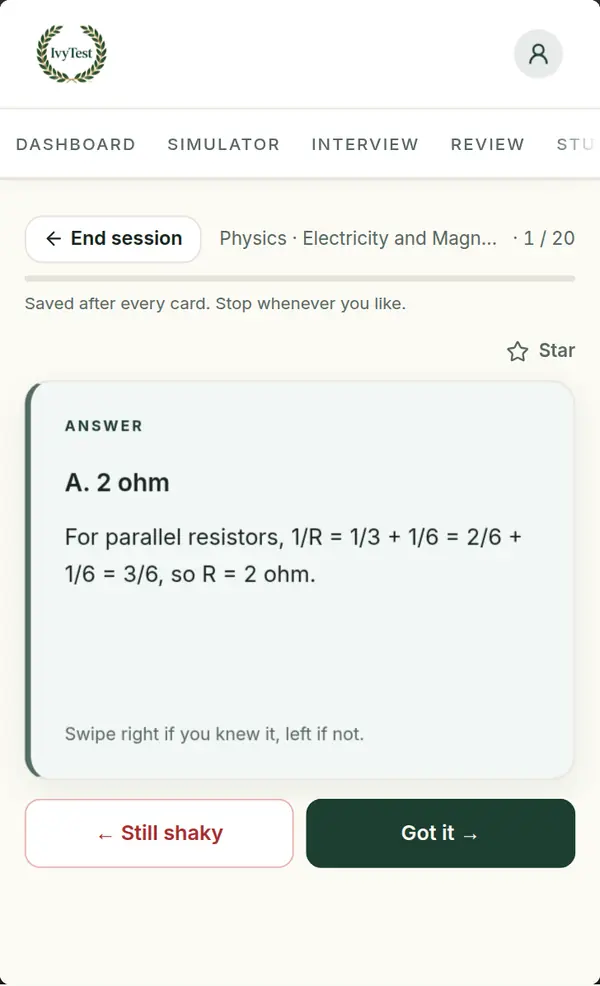 A flashcard from a missed question, turned over to its answer, with Still shaky and Got it buttons.