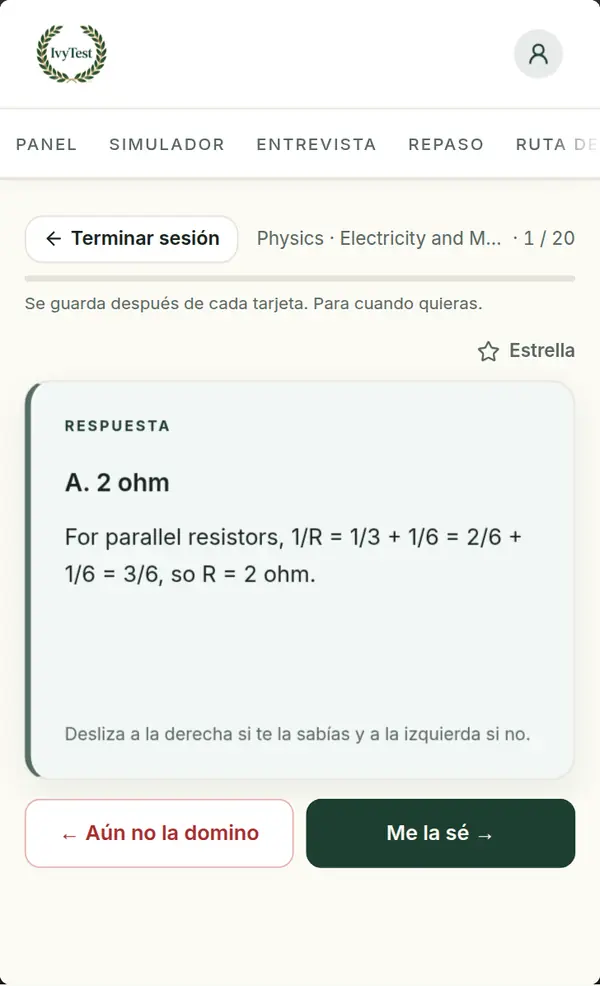 Una tarjeta de repaso de una pregunta fallada, girada hacia la respuesta, con los botones Aún no la domino y Me la sé.