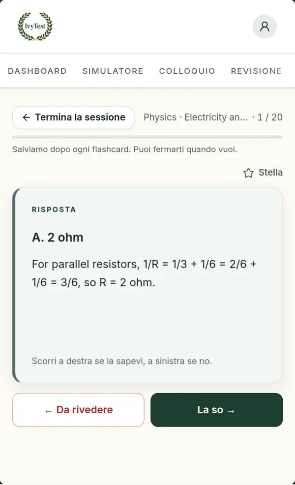 Una flashcard nata da una domanda sbagliata, girata sulla risposta, con i pulsanti Da rivedere e La so.