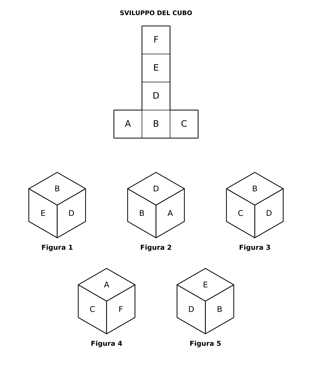 Sviluppo del cubo a forma di T rovesciata: in basso una fila di tre quadrati A, B, C da sinistra a destra; sopra B una colonna di tre quadrati, dal basso D, E, F. Sotto, cinque cubi; di ciascuno si vedono la faccia superiore, quella frontale (in basso a sinistra) e quella destra (in basso a destra). Figura 1: sopra B, davanti E, a destra D. Figura 2: sopra D, davanti B, a destra A. Figura 3: sopra B, davanti C, a destra D. Figura 4: sopra A, davanti C, a destra F. Figura 5: sopra E, davanti D, a destra B.