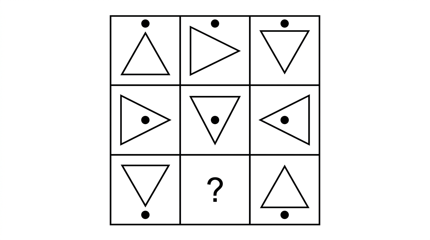 A 3 by 3 array of triangles pointing in different directions, each with a dot; the bottom-middle cell holds a question mark.