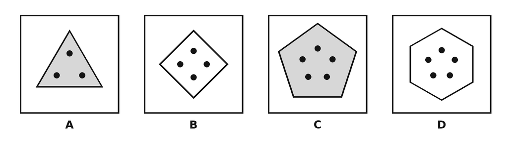 Four boxes. A: a grey triangle with 3 black dots inside. B: a white square, turned to stand on one corner, with 4 dots inside. C: a grey pentagon with 5 dots inside. D: a white hexagon with 5 dots inside. The shapes are of slightly different sizes.