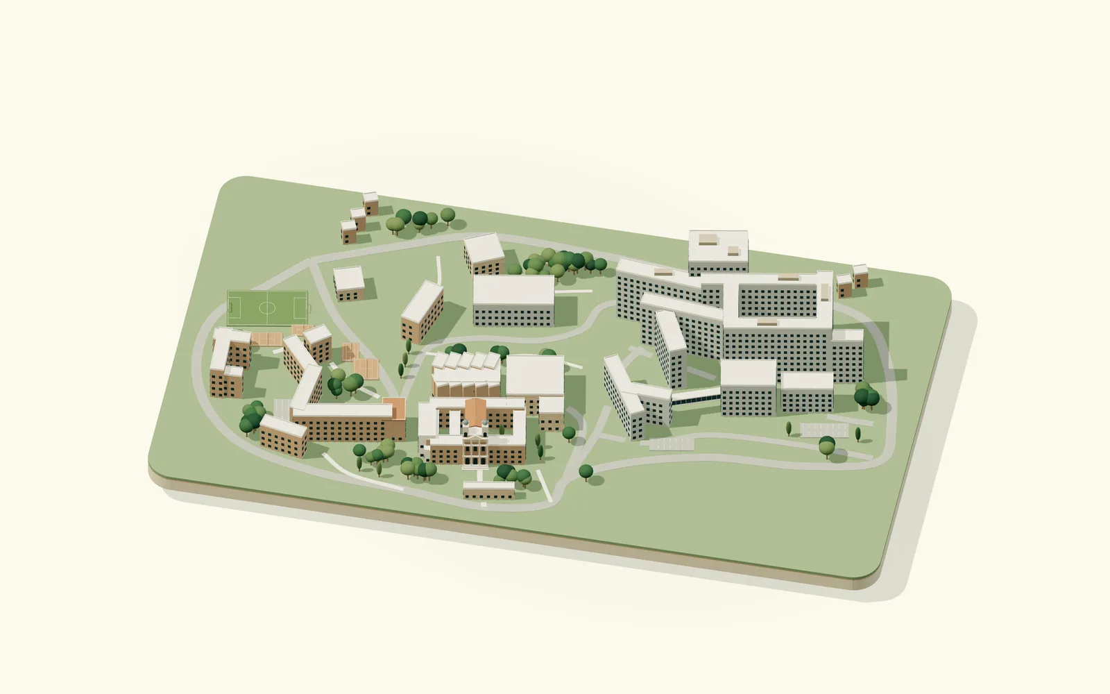 Stylized model of Cattolica's Rome campus: the Biological Institutes, the central university buildings and church, the sports grounds and the Gemelli hospital.
