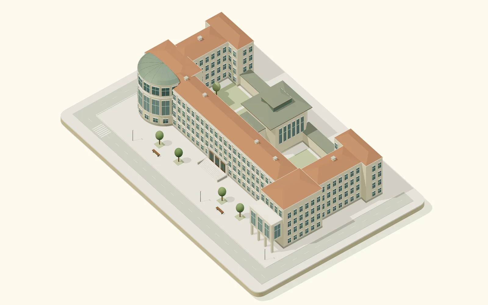 Stylized model of the Purkyně Institute at Albertov 4 in Prague: the long main front, the semicircular rotunda at its west end, the central lecture hall between two courtyards and the east wing.