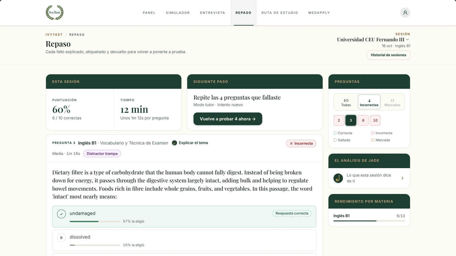El simulador de IvyTest repasa una sesión de Inglés B1 de la CEU Fernando III: la puntuación, una pregunta de vocabulario fallada con el porcentaje que eligió cada opción y la repetición de las preguntas falladas