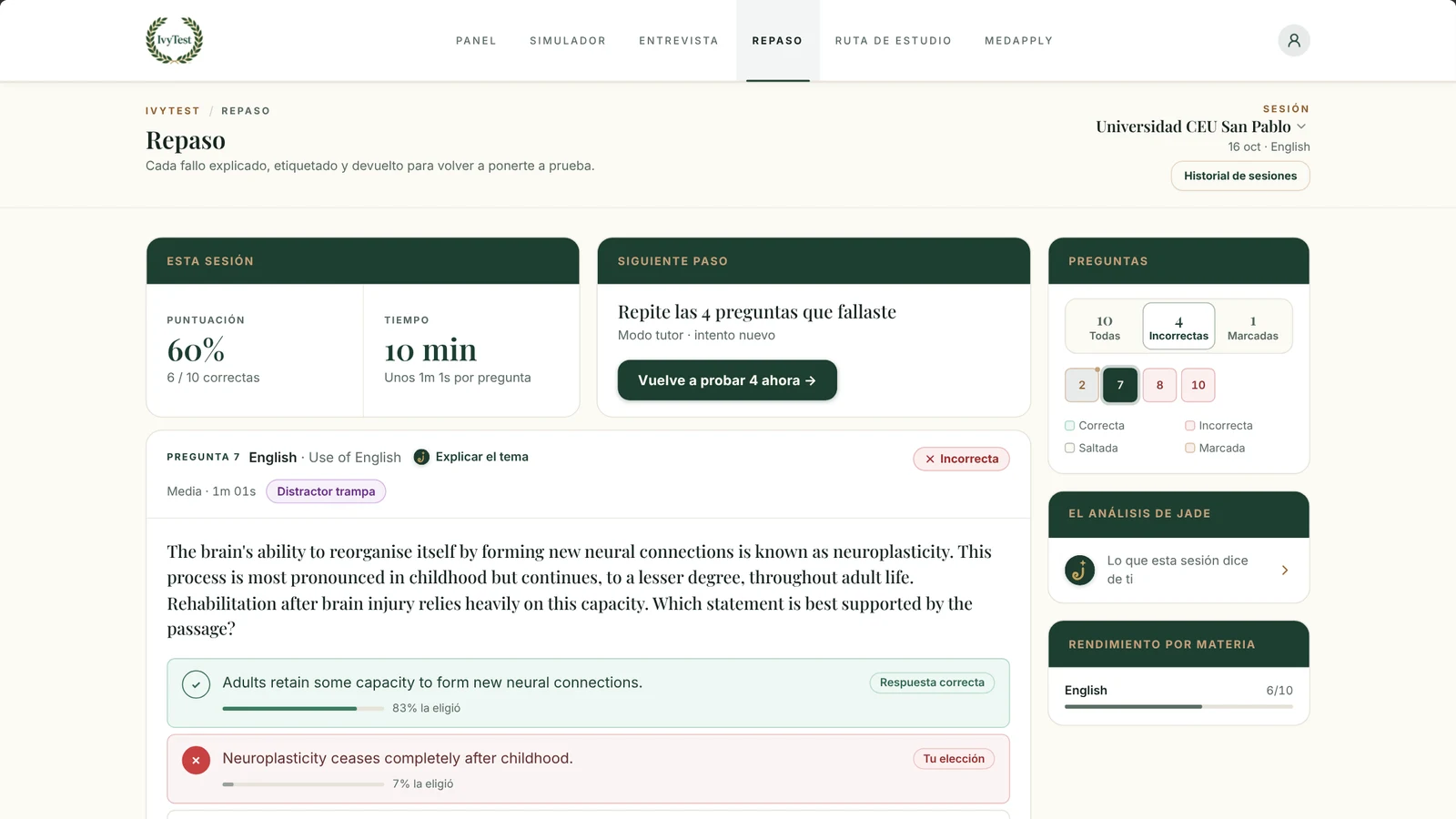 El simulador de IvyTest repasa una sesión de inglés de la CEU San Pablo: la puntuación, una pregunta de comprensión fallada sobre la neuroplasticidad con el porcentaje que eligió cada opción y la repetición de las preguntas falladas