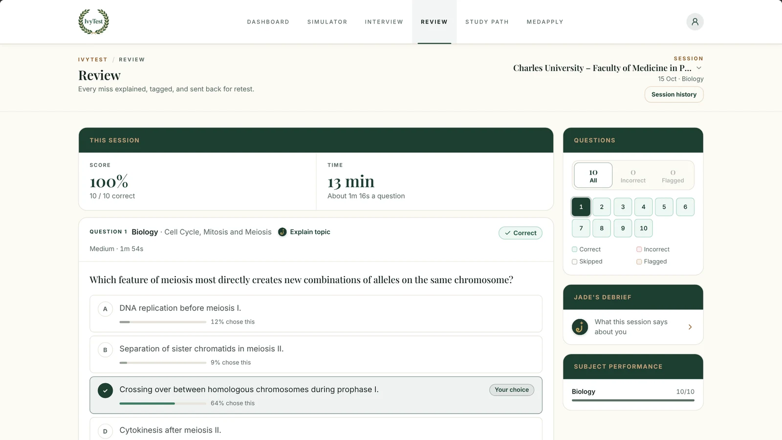 The IvyTest simulator reviewing a Charles University Faculty of Medicine in Pilsen Biology session: the score, a meiosis question with how often each option was chosen, and the per-subject results