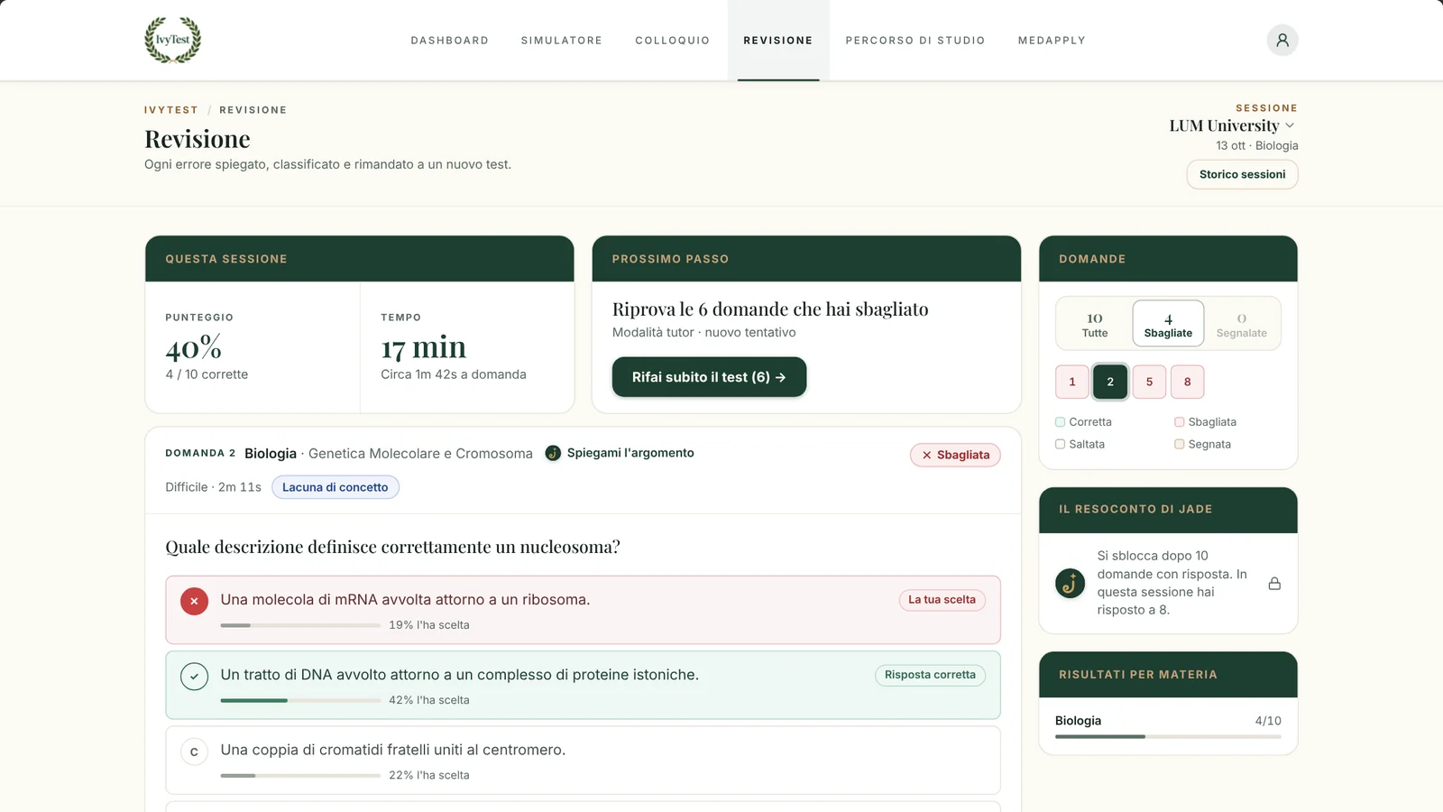 Il simulatore IvyTest rivede una sessione di Biologia per il test di Medicina della LUM: il punteggio, una domanda sbagliata di genetica molecolare sul nucleosoma con la percentuale di scelta di ogni opzione e il nuovo test sulle domande sbagliate