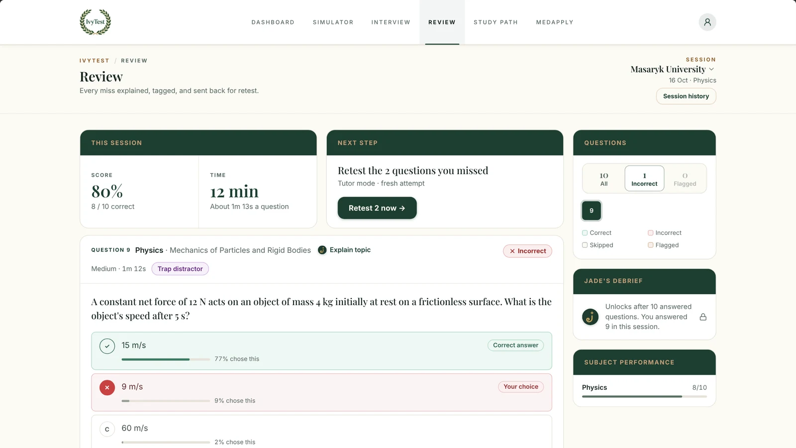 The IvyTest simulator reviewing a Masaryk University Physics session: the score, a missed mechanics question on the speed reached under a constant force with how often each option was chosen, and a retest of the missed questions