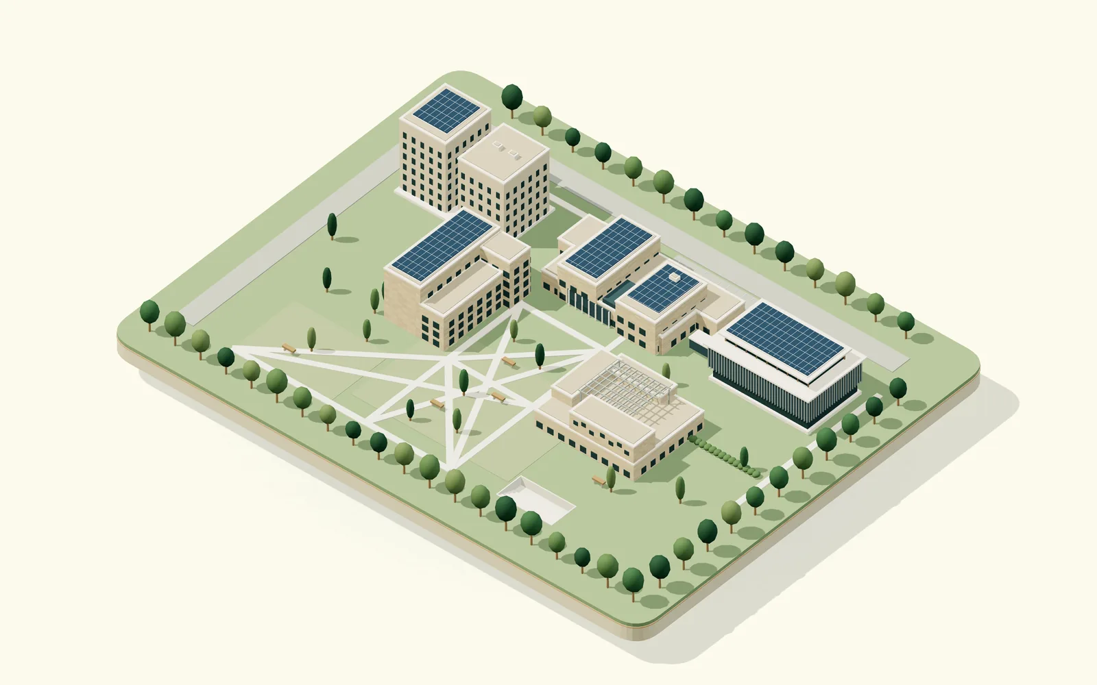 Stylized Humanitas campus with the twin residence towers, stone teaching buildings, garden paths and the glass Innovation Building.
