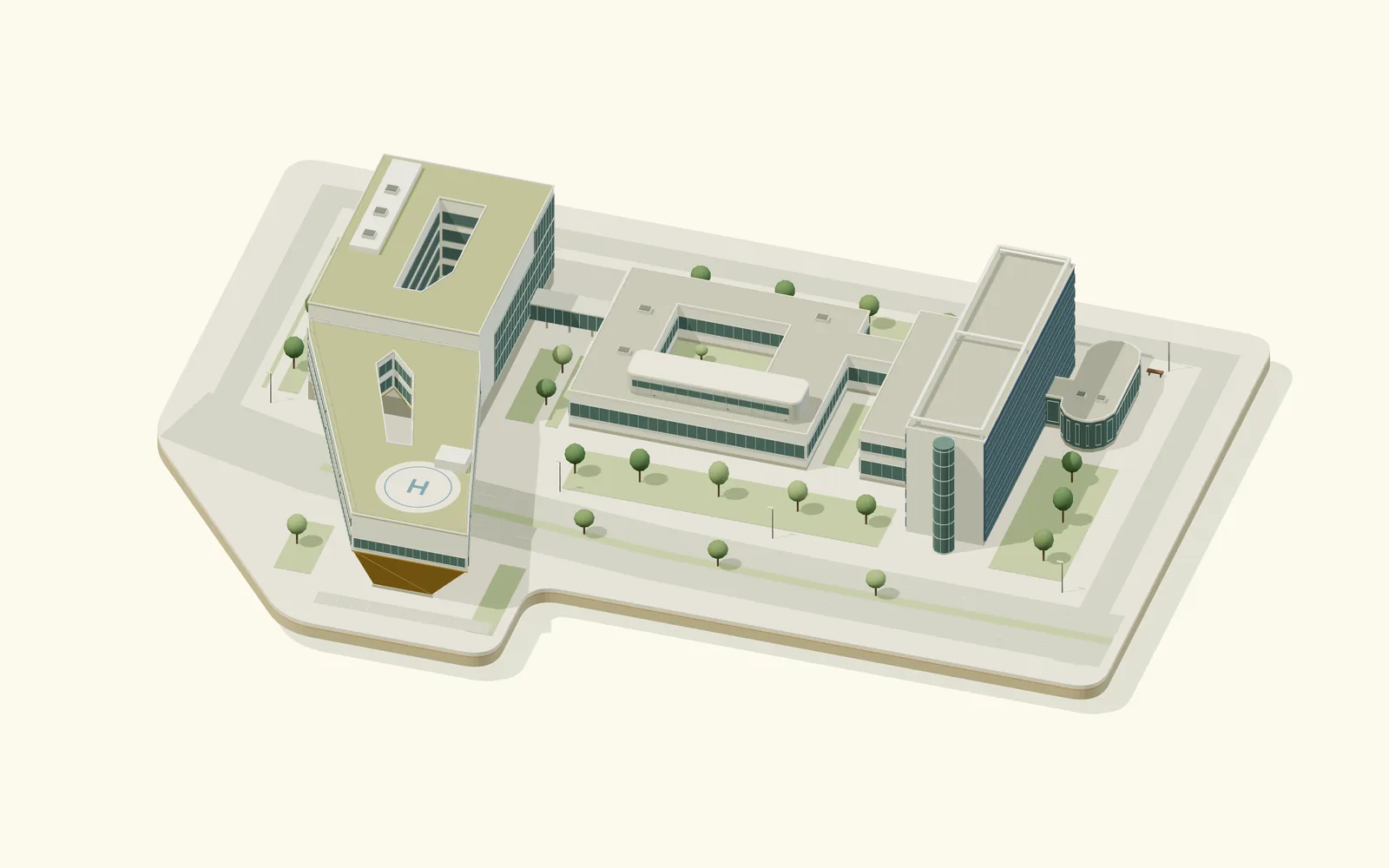 Stylized model of three Faculty of Medicine buildings at the eastern end of Masaryk University's Bohunice campus in Brno: SIMU, the simulation centre bridging Kamenice street, and buildings F01B1 and F01B2.