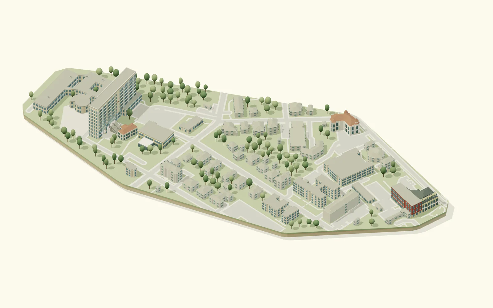 Stylized model of the Medical University of Gdańsk in the Aniołki district: Collegium Biomedicum's tall block, the yellow Atheneum Gedanense Novum, the Main Library and the Rectorate among simplified neighbouring streets.