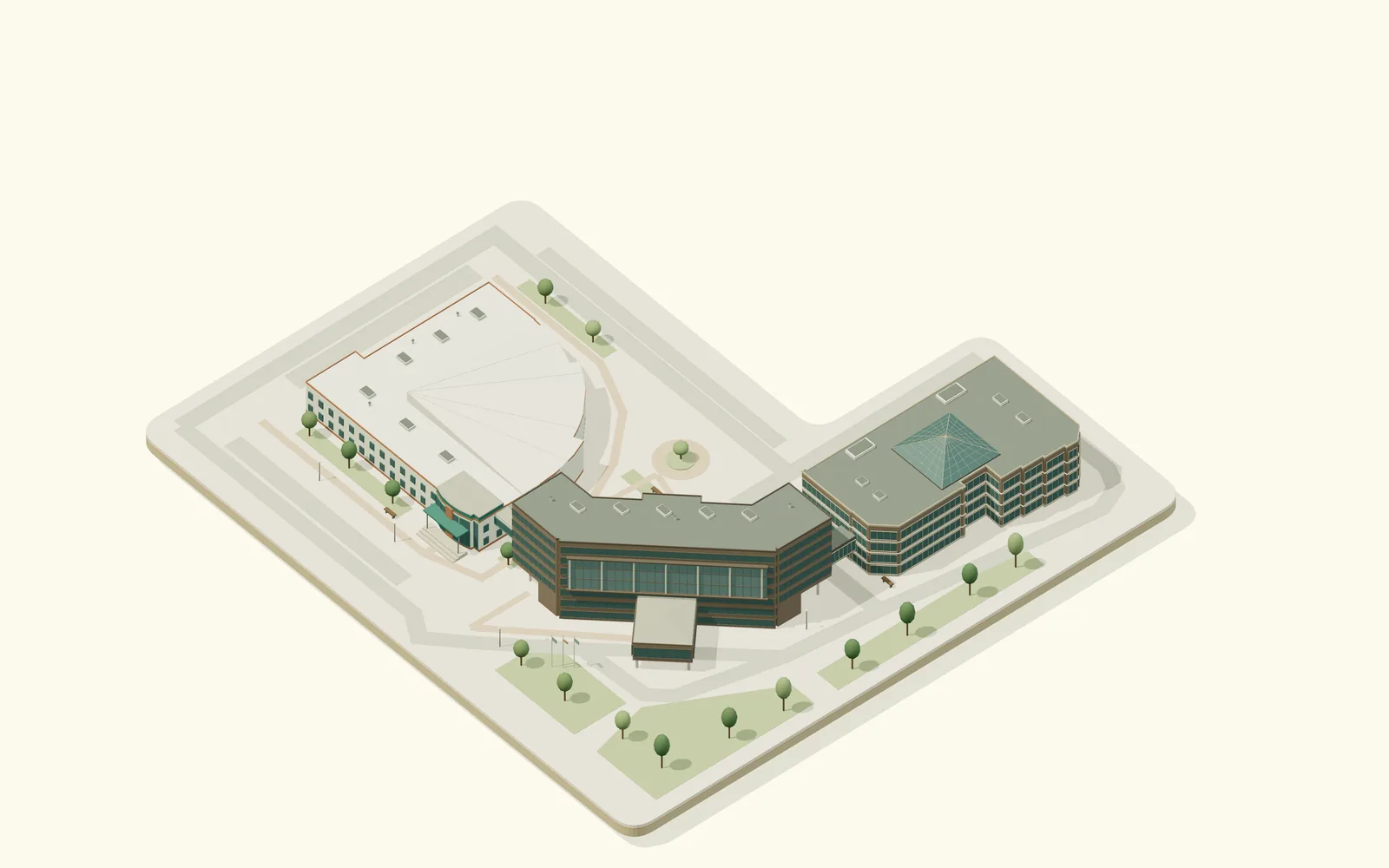 Stylized model of the Medical University of Warsaw's buildings on its Banacha campus: the Rectorate, the Library and Information Centre and the Didactic Centre.