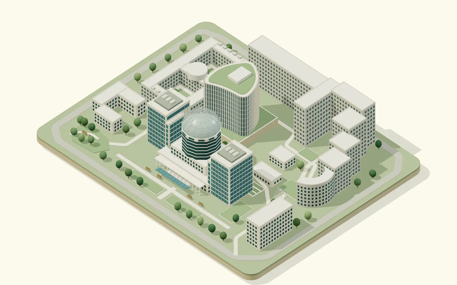 Stylized model of San Raffaele's Olgettina campus: DiBit 2 with its dome between the San Gabriele and San Michele buildings, DiBit 1, the Iceberg, the hospital and DiMeR, around a garden.