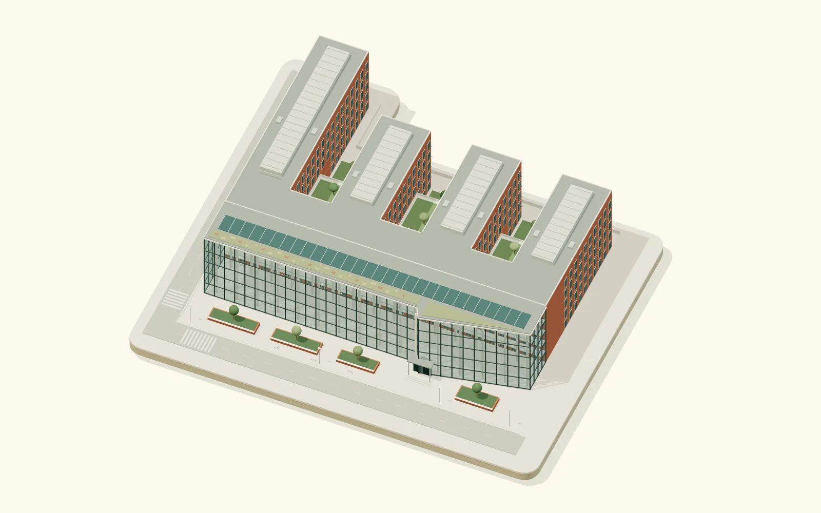 Stylized model of Semmelweis University's Basic Medical Science Center (EOK) in Budapest: four parallel brick wings behind a long glazed lobby on Tűzoltó utca.