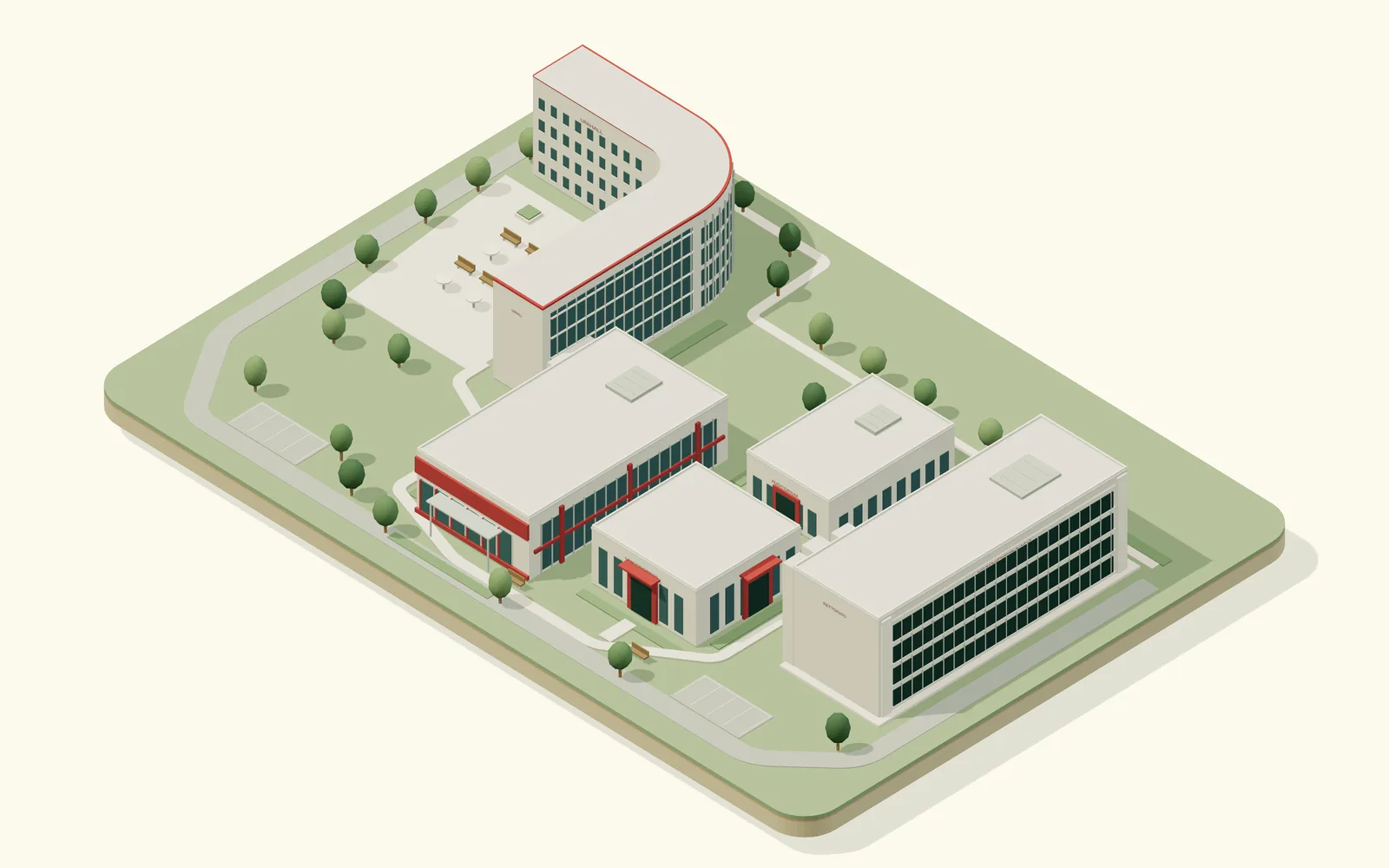 Stylized model of UniCamillus's Rome campus: the central building with the Rector's Office, UniLabs, the UniCongress Hall, the Auditorium and UniHall.