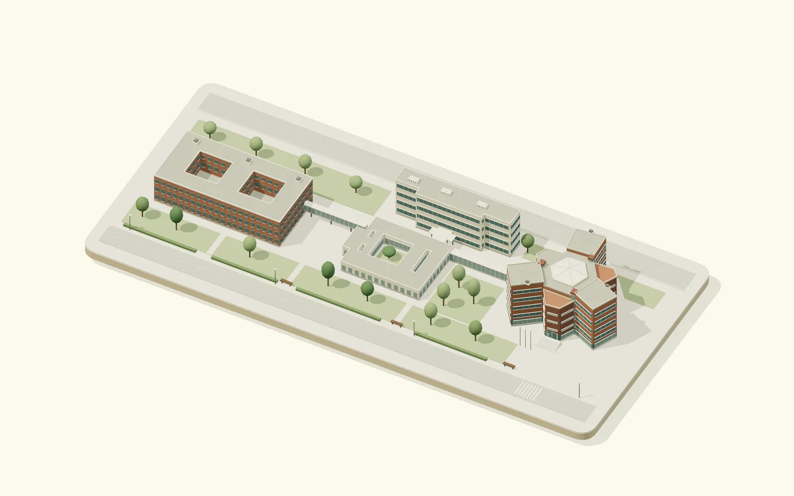 Stylized model of the University of Navarra's sciences cluster in Pamplona: the Hexágono with its radiating wings, the Research Building, Los Castaños around its courtyard and the Science Library.