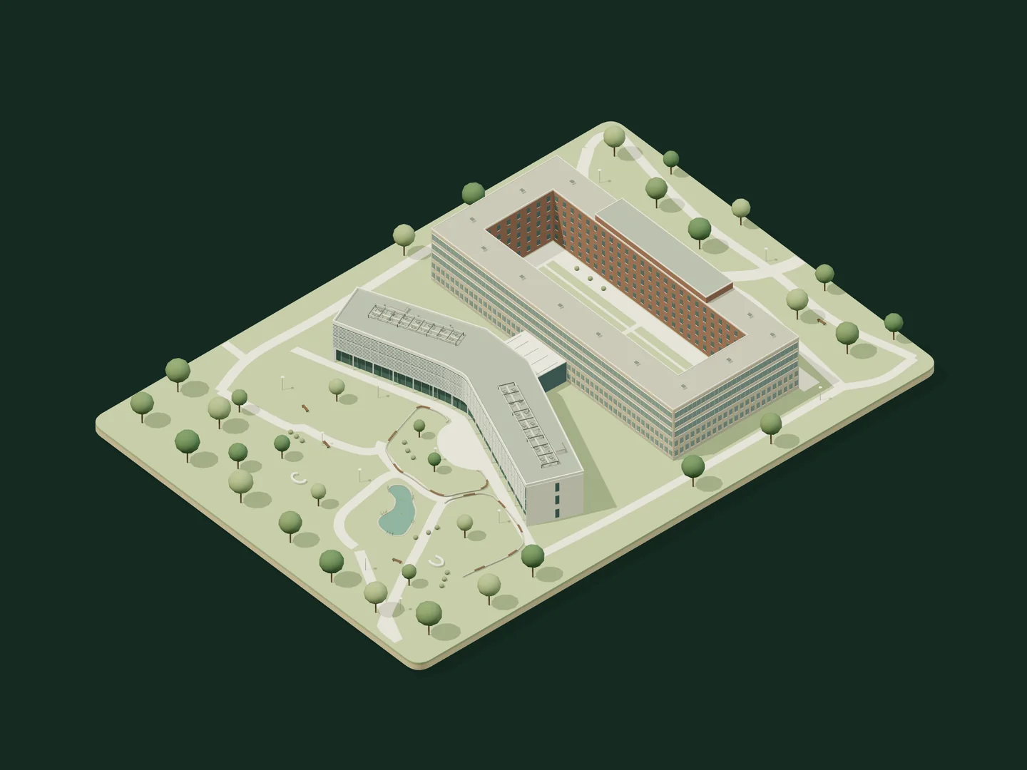 Stylized model of the University of Pécs Medical School on Szigeti út: the curved new theoretical building, the older main building and the campus gardens with their pond.